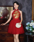 Beth and Brian Qipao - Exclusive Exclusive designer collection, gold floral embroidery short Qipao