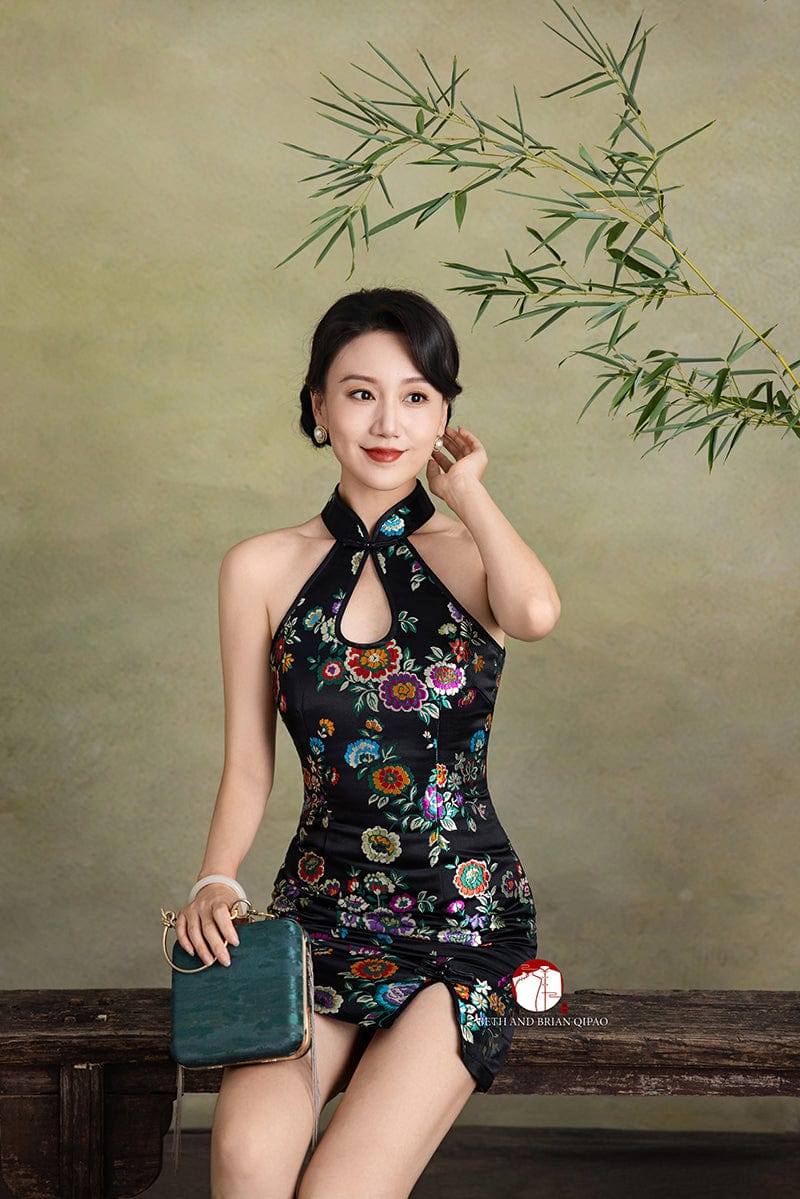 Beth and Brian Qipao-Exclusivedesigner Exclusive designer collection, water-drop collar short black Qipao
