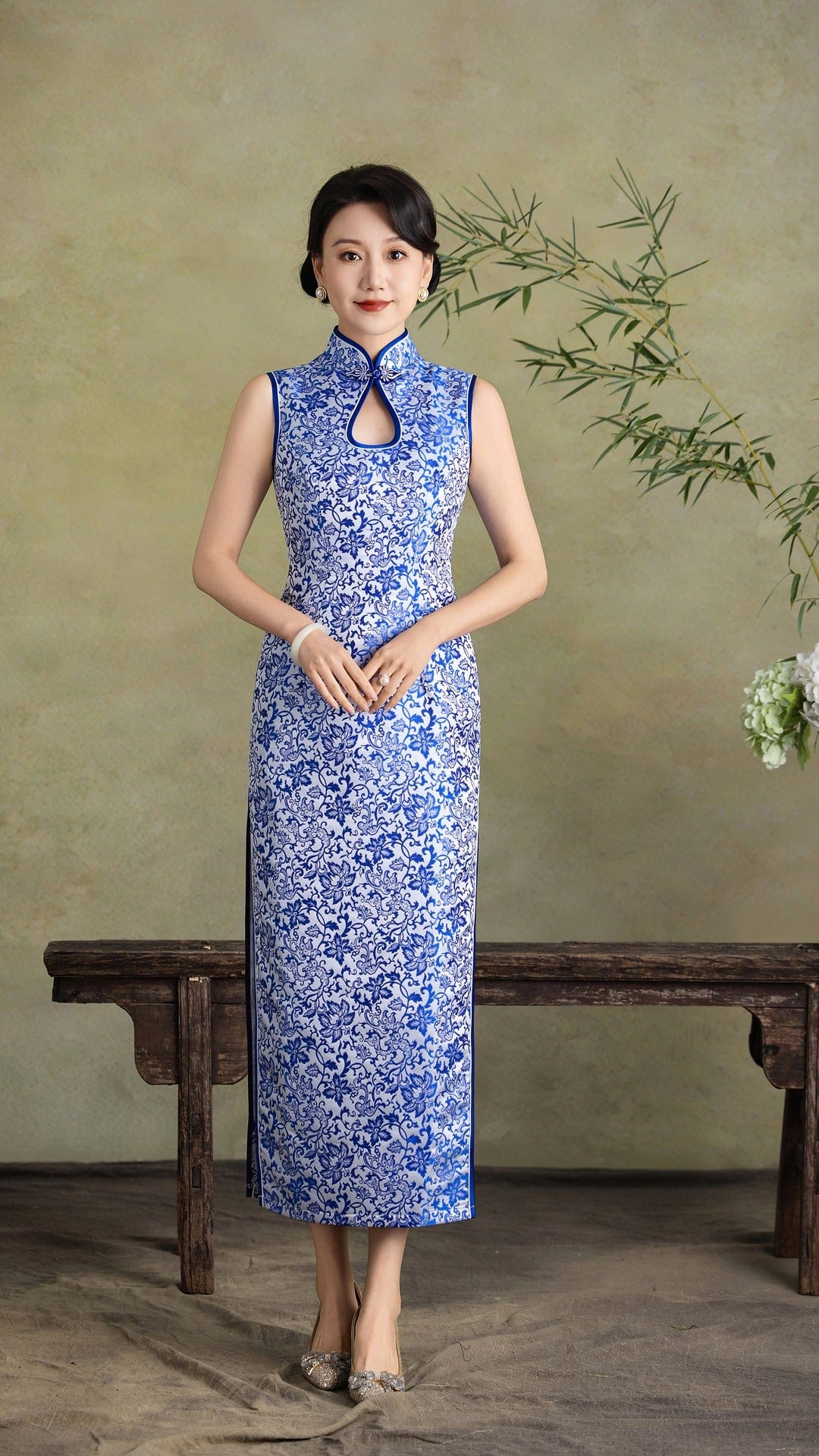 Beth and Brian Qipao-Exclusivedesigner Exclusive designer collection, blue and white porcelain long Qipao