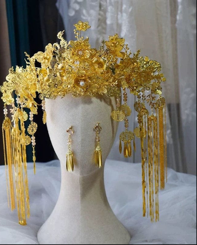 Beth and Brian Qipao-XFYJ Gold Luxury Floral Double Happiness Phoenix Crown & Earrings