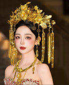 Beth and Brian Qipao-XFYJ Gold Luxury Floral Double Happiness Phoenix Crown & Earrings