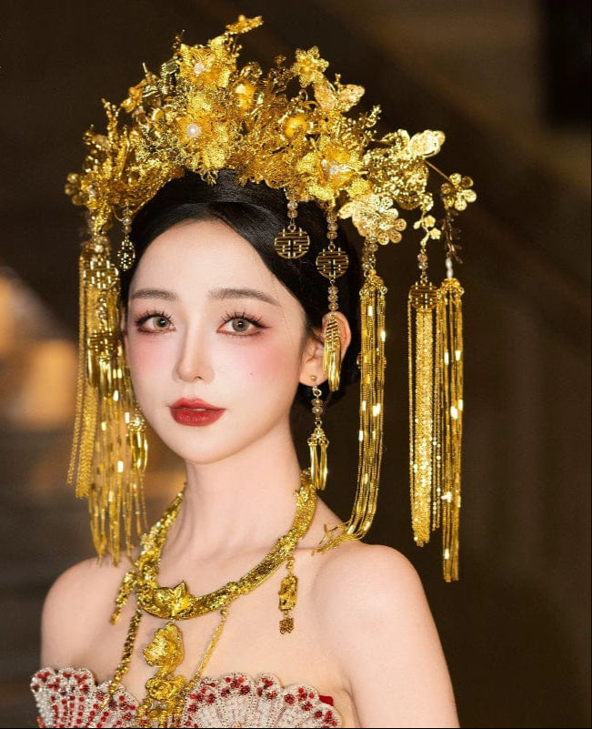 Beth and Brian Qipao-XFYJ Gold Luxury Floral Double Happiness Phoenix Crown & Earrings