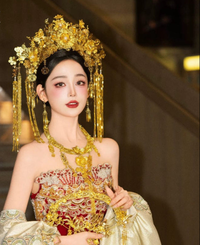 Beth and Brian Qipao-XFYJ Gold Luxury Floral Double Happiness Phoenix Crown & Earrings