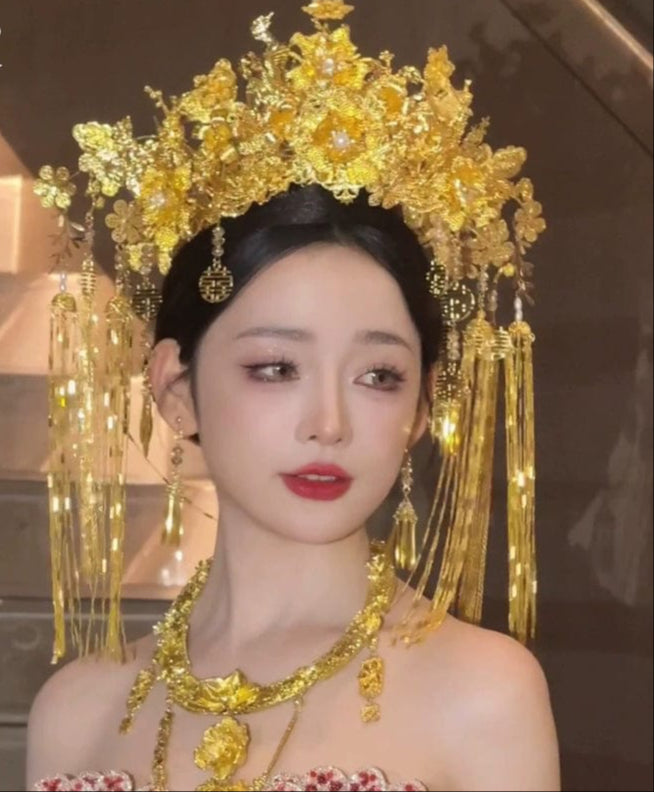 Beth and Brian Qipao-XFYJ Gold Luxury Floral Double Happiness Phoenix Crown & Earrings