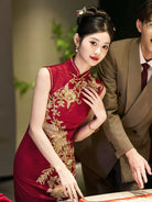 Beth and Brian Qipao-GR Sleeveless, floral embroidery, wedding red midi Cheongsam