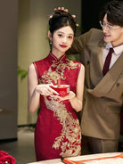 Beth and Brian Qipao-GR Sleeveless, floral embroidery, wedding red midi Cheongsam