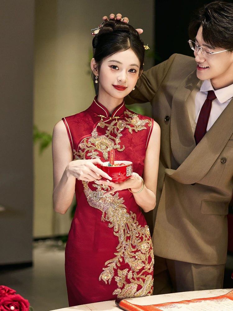 Beth and Brian Qipao-GR Sleeveless, floral embroidery, wedding red midi Cheongsam