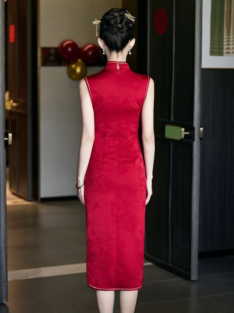 Beth and Brian Qipao-GR Sleeveless, floral embroidery, wedding red midi Cheongsam
