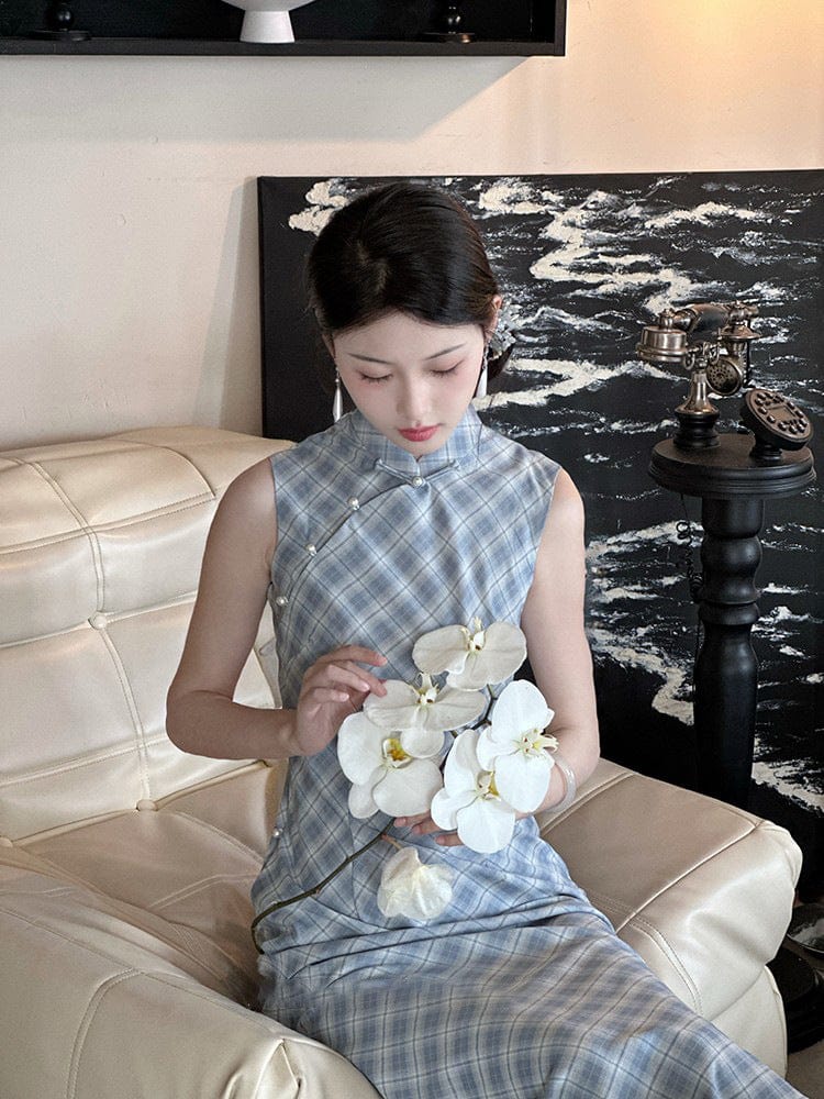 Beth and Brian Qipao-LSB Plaid pattern, cotton fabric, blue long Cheongsam