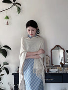 Beth and Brian Qipao-LSB Plaid pattern, cotton fabric, blue long Cheongsam