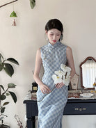 Beth and Brian Qipao-LSB Plaid pattern, cotton fabric, blue long Cheongsam
