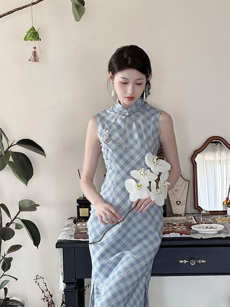 Beth and Brian Qipao-LSB Plaid pattern, cotton fabric, blue long Cheongsam