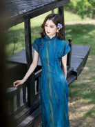 Beth and Brian Qipao-LSB Summer collection, mesh fabric, daily blue long Cheongsam