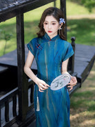 Beth and Brian Qipao-LSB Summer collection, mesh fabric, daily blue long Cheongsam