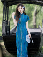 Beth and Brian Qipao-LSB Summer collection, mesh fabric, daily blue long Cheongsam