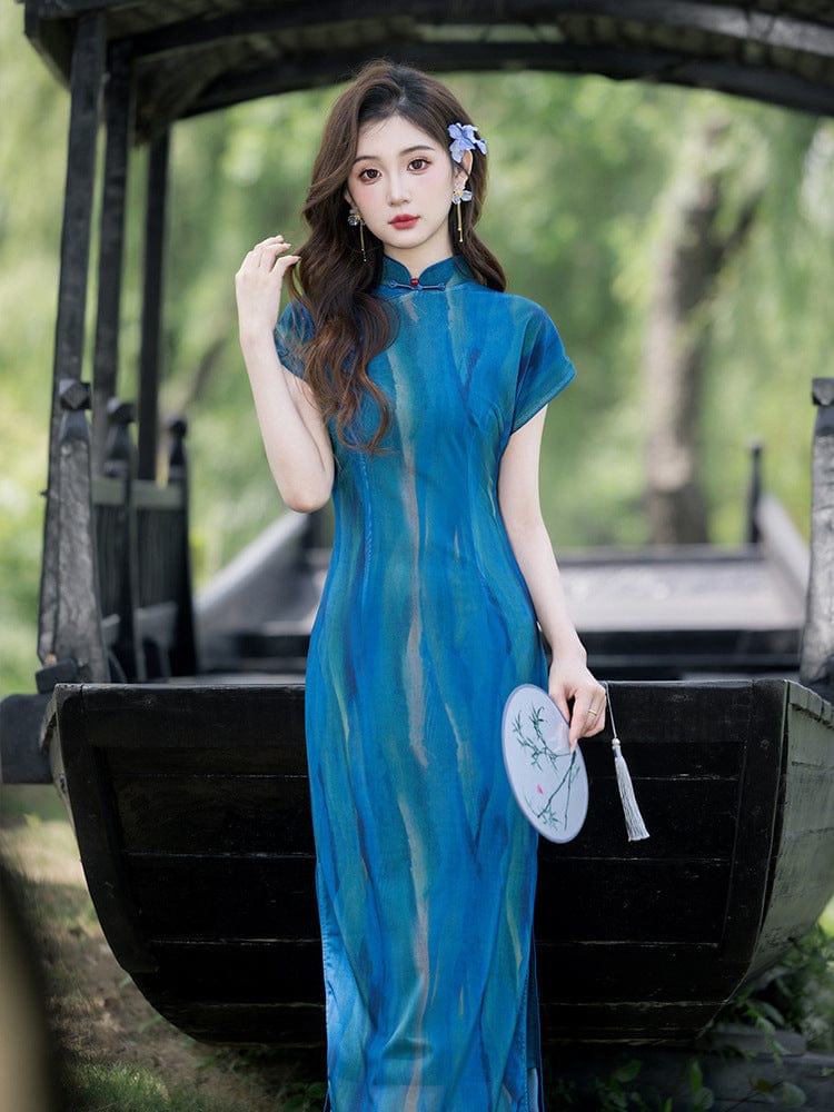 Beth and Brian Qipao-LSB Summer collection, mesh fabric, daily blue long Cheongsam
