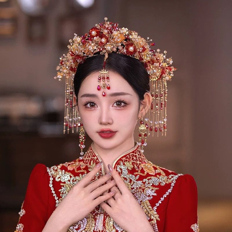 Beth and Brian Qipao-YQN Chinese Wedding Phoenix Crown & Earrings with Xiapei Cape and Buyao Hairpin