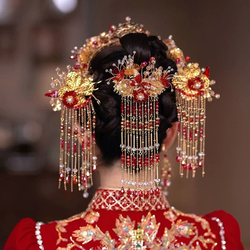 Beth and Brian Qipao-YQN Chinese Wedding Phoenix Crown & Earrings with Xiapei Cape and Buyao Hairpin