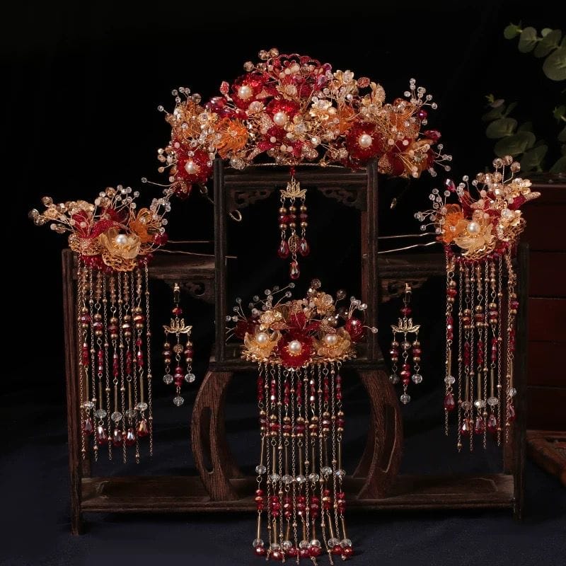 Beth and Brian Qipao-YQN Chinese Wedding Phoenix Crown & Earrings with Xiapei Cape and Buyao Hairpin