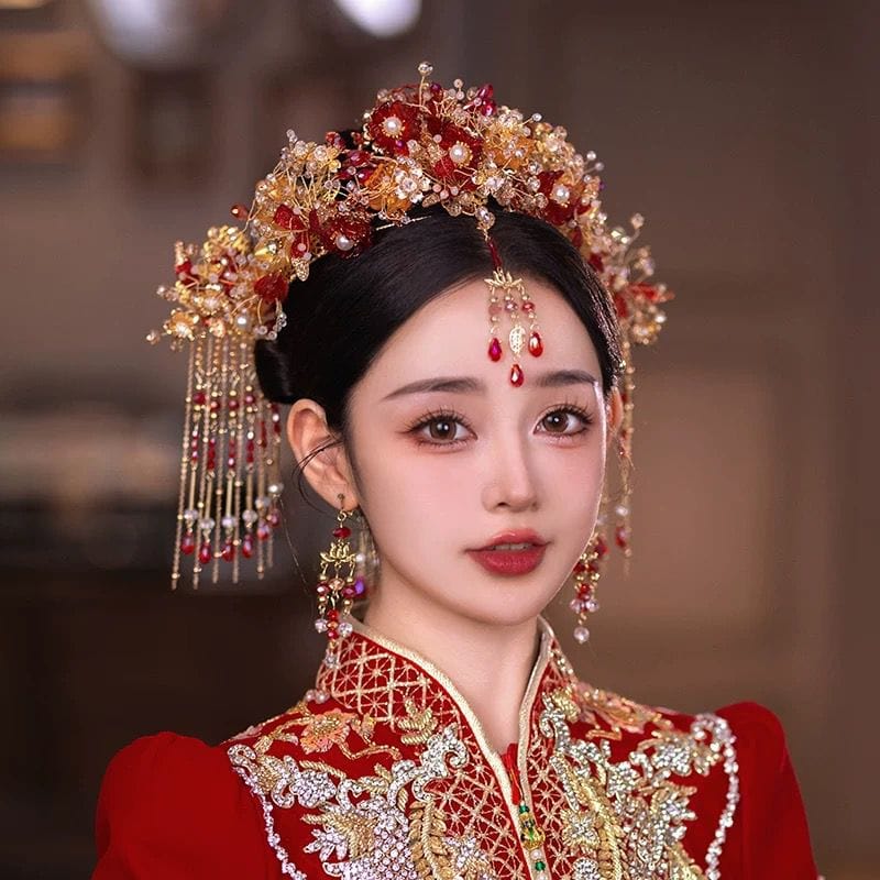 Beth and Brian Qipao-YQN Chinese Wedding Phoenix Crown & Earrings with Xiapei Cape and Buyao Hairpin