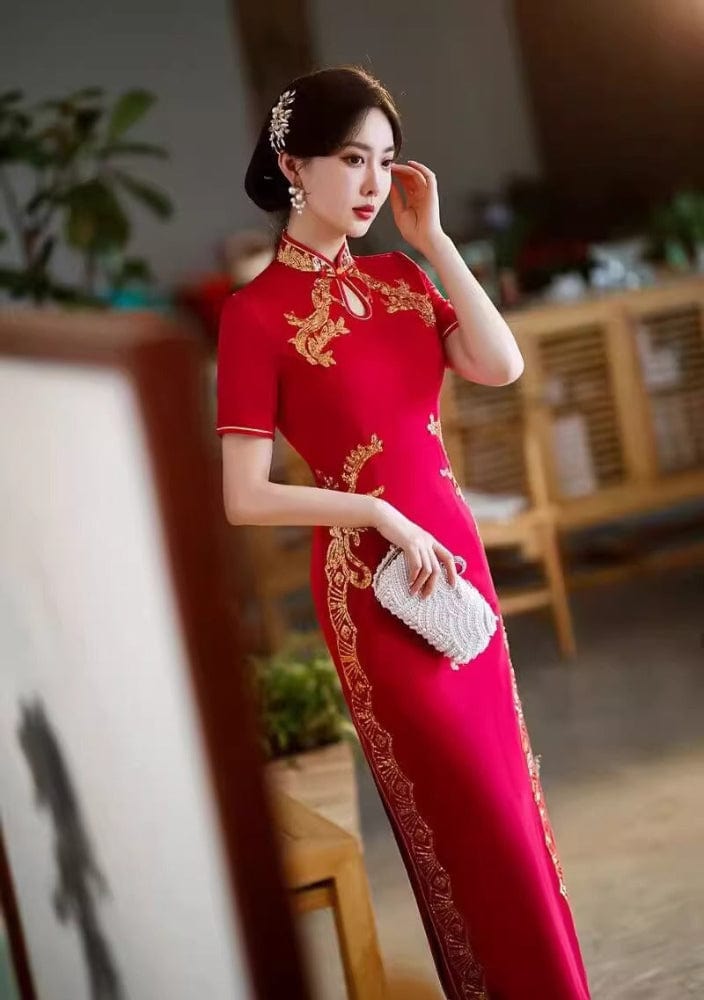 Beth and Brian Qipao-YHY Water-drop collar, red long Cheongsam