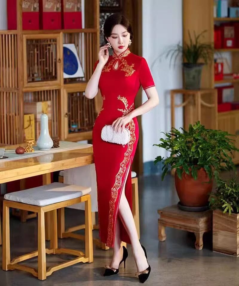 Beth and Brian Qipao-YHY Water-drop collar, red long Cheongsam