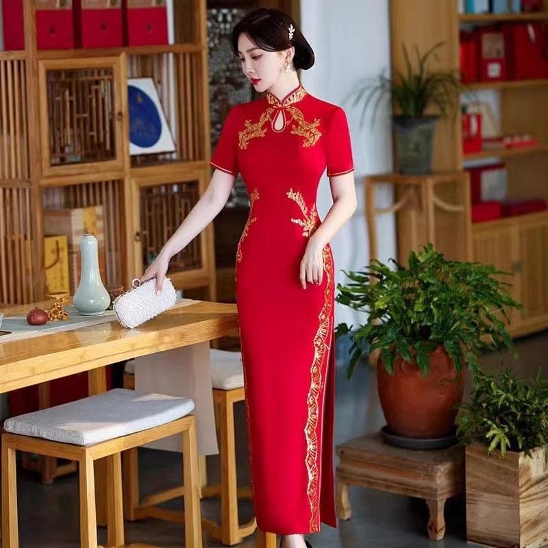 Beth and Brian Qipao-YHY Water-drop collar, red long Cheongsam