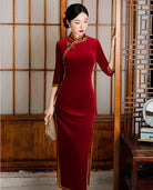 Beth and Brian Qipao-GSJ Chinese classic style, velvet fabric, red long Cheongsam
