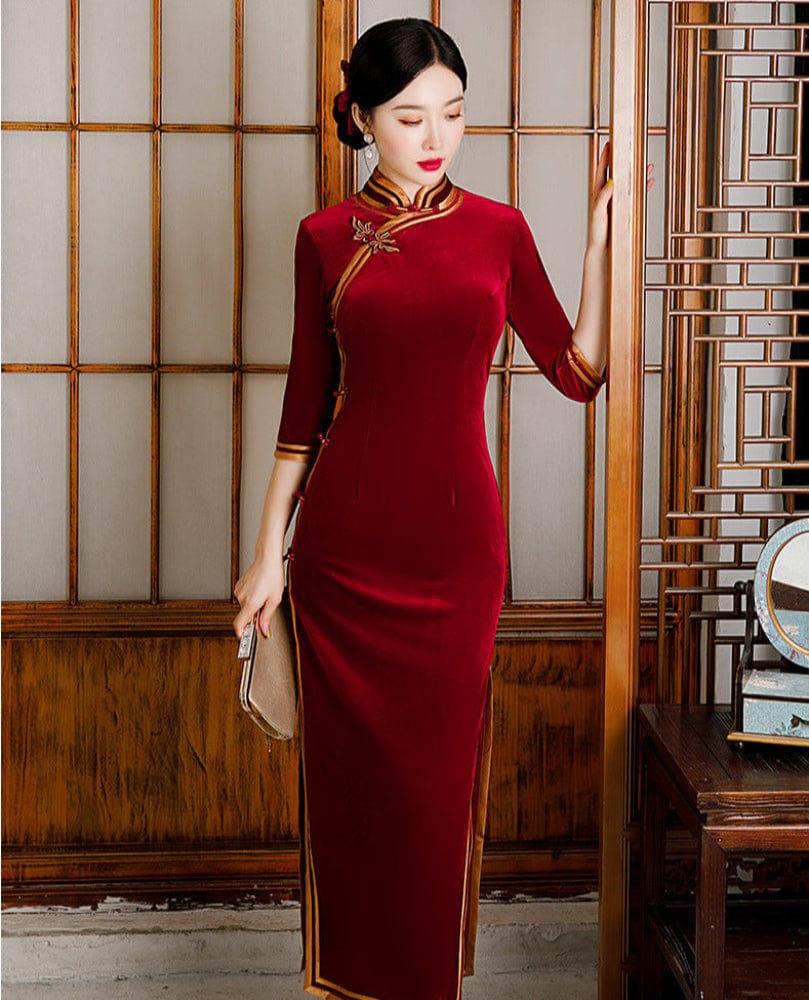 Beth and Brian Qipao-GSJ Chinese classic style, velvet fabric, red long Cheongsam