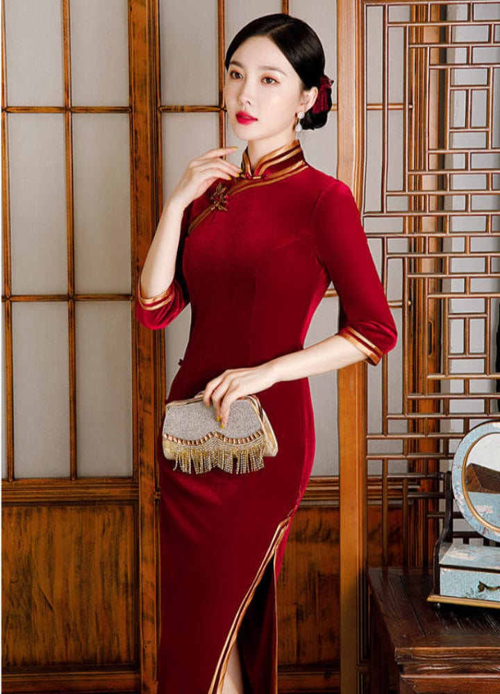 Beth and Brian Qipao-GSJ Chinese classic style, velvet fabric, red long Cheongsam