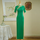 Beth and Brian Qipao-YD Plus size long Cheongsam for mothers with elbow sleeves