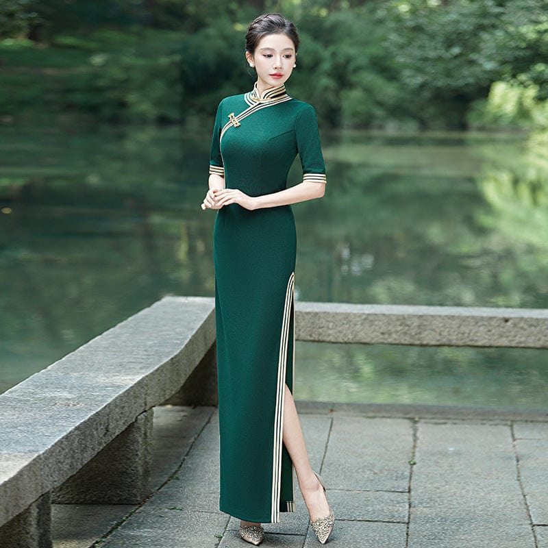 Beth and Brian Qipao-YD Plus size long Cheongsam for mothers with elbow sleeves