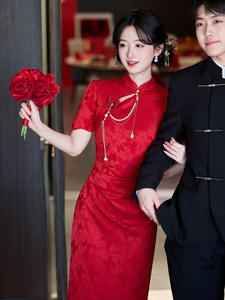 Beth and Brian Qipao-LSB Floral pattern, acetate jacquard fabric, midi Cheongsam