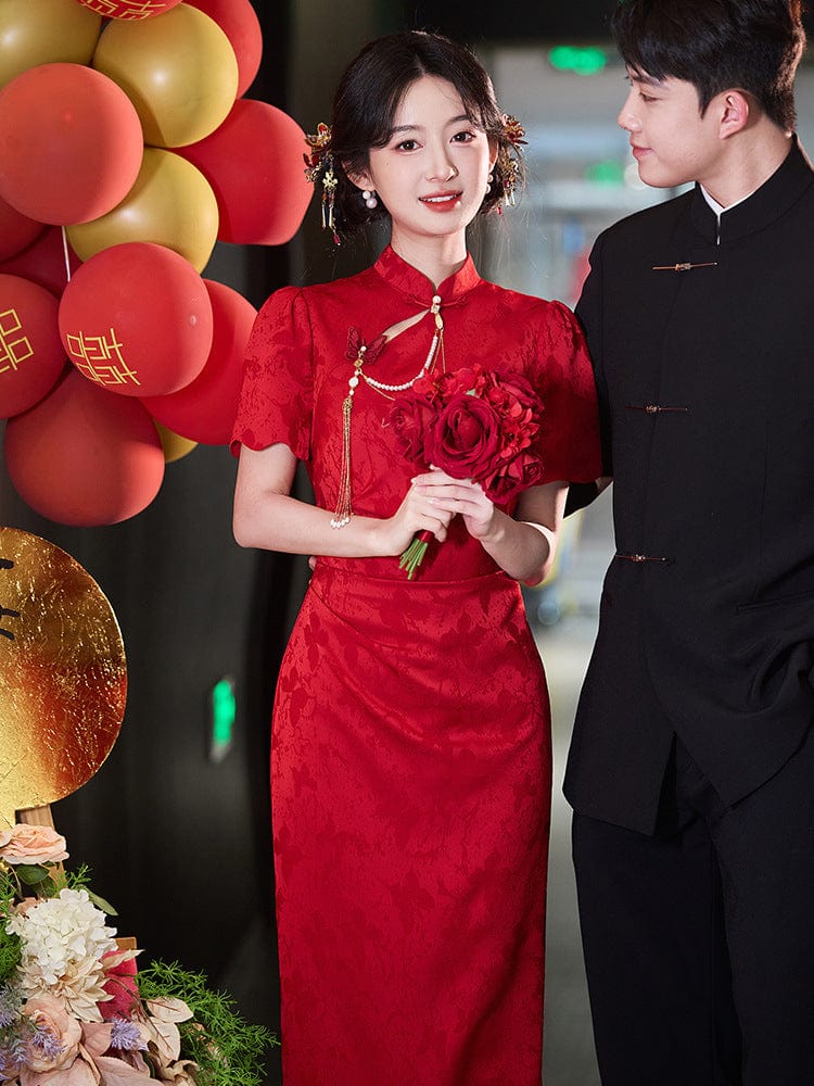 Beth and Brian Qipao-LSB Floral pattern, acetate jacquard fabric, midi Cheongsam