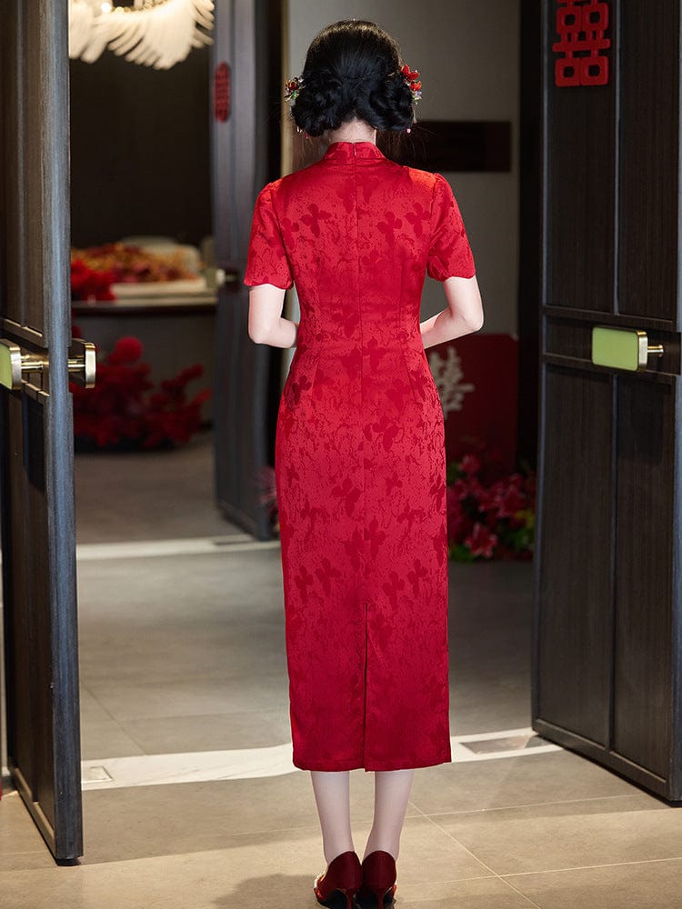 Beth and Brian Qipao-LSB Floral pattern, acetate jacquard fabric, midi Cheongsam