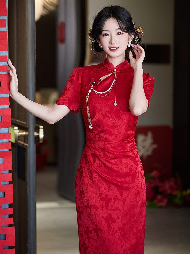 Beth and Brian Qipao-LSB Floral pattern, acetate jacquard fabric, midi Cheongsam