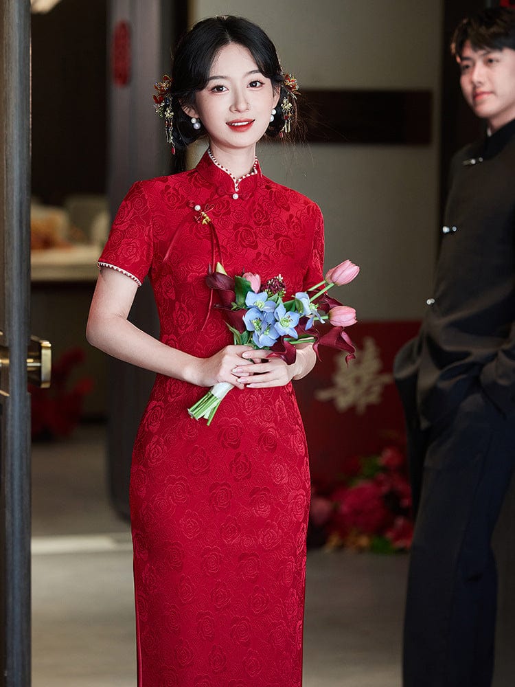 Beth and Brian Qipao-LSB Floral pattern, wedding lace mid-length Cheongsam