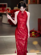 Beth and Brian Qipao-LSB New Chinese style (新中式), halter red midi Cheongsam