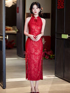 Beth and Brian Qipao-LSB New Chinese style (新中式), halter red midi Cheongsam