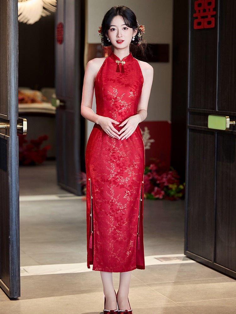 Beth and Brian Qipao-LSB New Chinese style (新中式), halter red midi Cheongsam