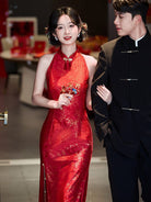 Beth and Brian Qipao-LSB New Chinese style (新中式), halter red midi Cheongsam