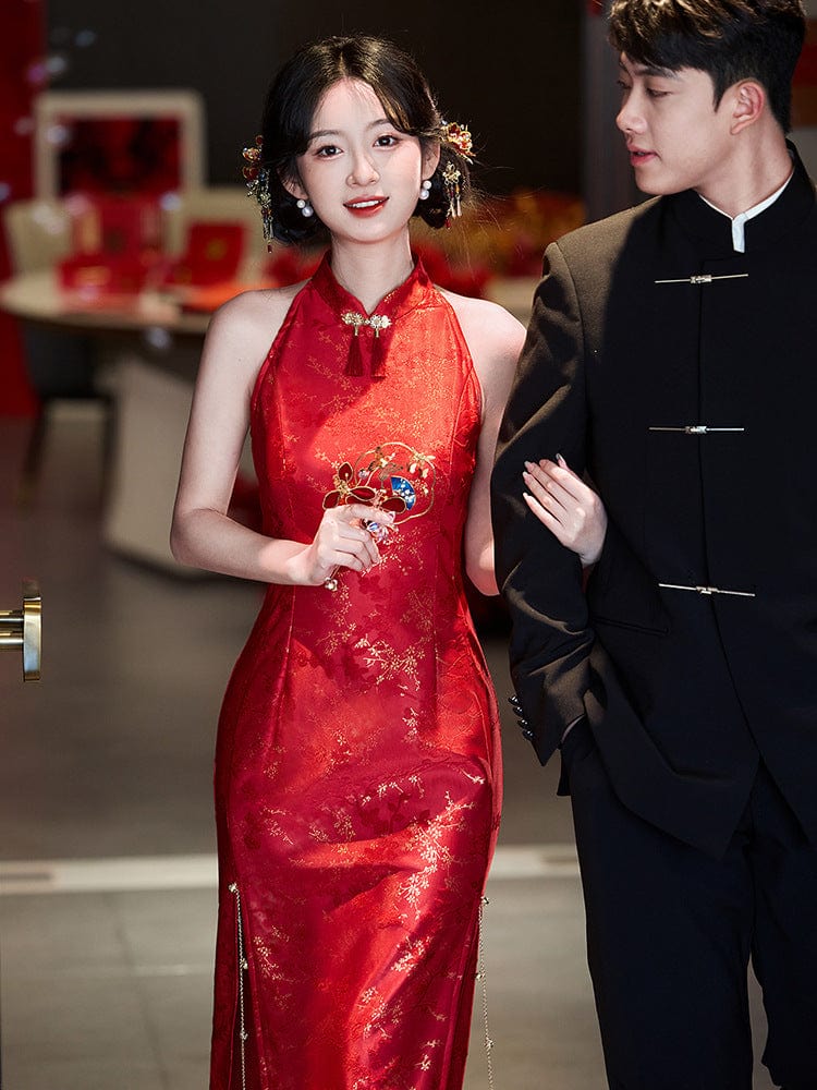 Beth and Brian Qipao-LSB New Chinese style (新中式), halter red midi Cheongsam