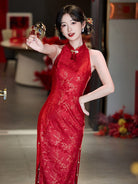 Beth and Brian Qipao-LSB New Chinese style (新中式), halter red midi Cheongsam
