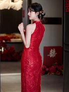 Beth and Brian Qipao-LSB New Chinese style (新中式), halter red midi Cheongsam