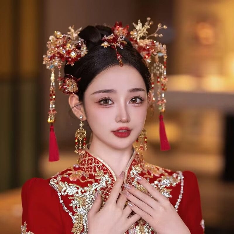 Beth and Brian Qipao-YQN Gold and Red Xiuhe Bridal Hair Accessories, Tassel Chinese bridal hair Accessories Set