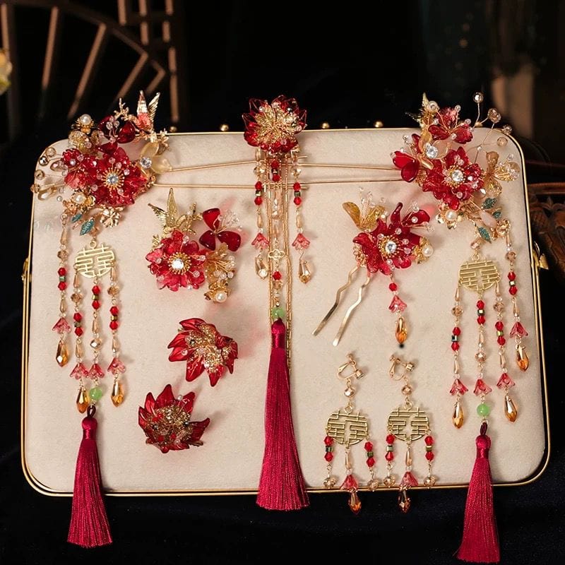 Beth and Brian Qipao-YQN Gold and Red Xiuhe Bridal Hair Accessories, Tassel Chinese bridal hair Accessories Set