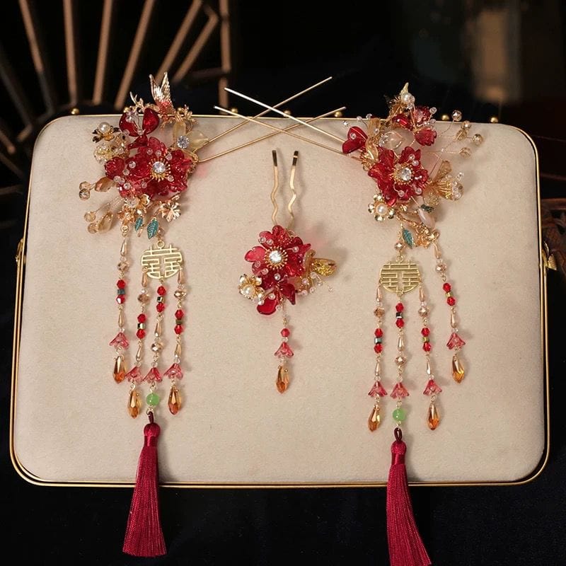 Beth and Brian Qipao-YQN Gold and Red Xiuhe Bridal Hair Accessories, Tassel Chinese bridal hair Accessories Set