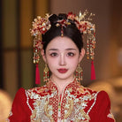 Beth and Brian Qipao-YQN Gold and Red Xiuhe Bridal Hair Accessories, Tassel Chinese bridal hair Accessories Set