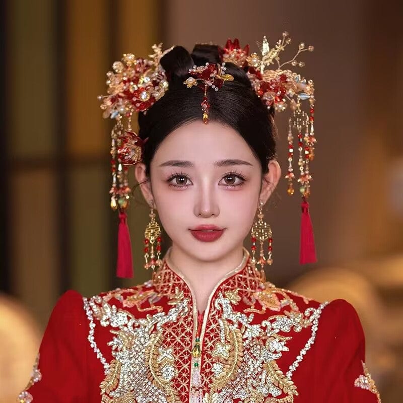 Beth and Brian Qipao-YQN Gold and Red Xiuhe Bridal Hair Accessories, Tassel Chinese bridal hair Accessories Set