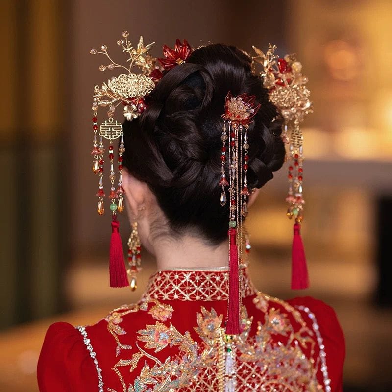 Beth and Brian Qipao-YQN Gold and Red Xiuhe Bridal Hair Accessories, Tassel Chinese bridal hair Accessories Set